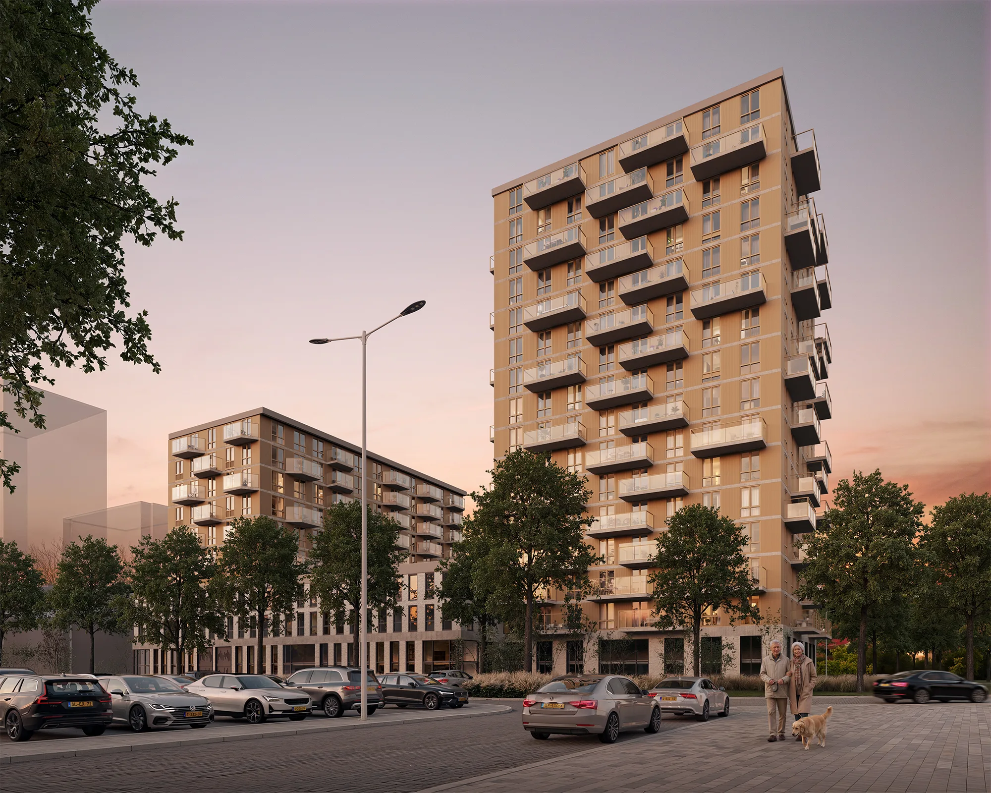 Moderne appartementen in Nieuw Oden tijdens een warme avondschemering