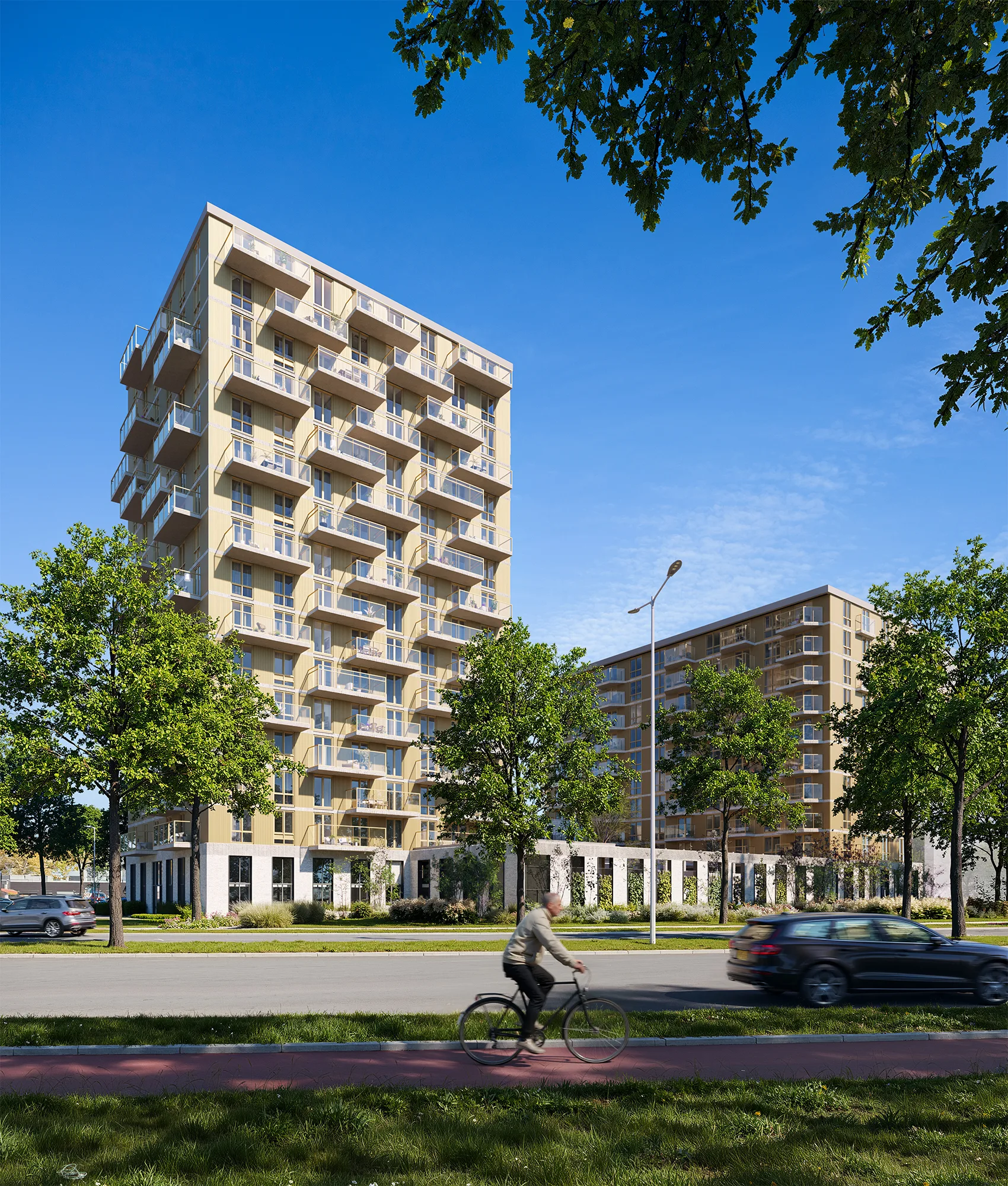 Straatbeeld van de Nieuw Oden appartemententorens in Hoogvliet, met fietser op de voorgrond