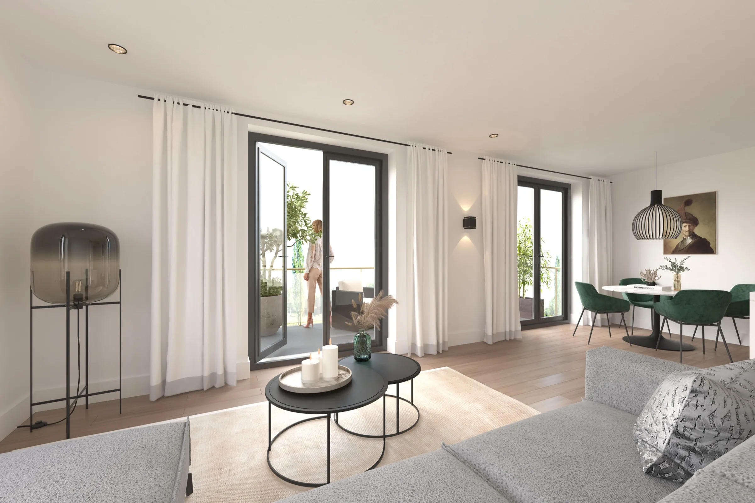 Licht woonkamerinterieur met uitzicht op het balkon